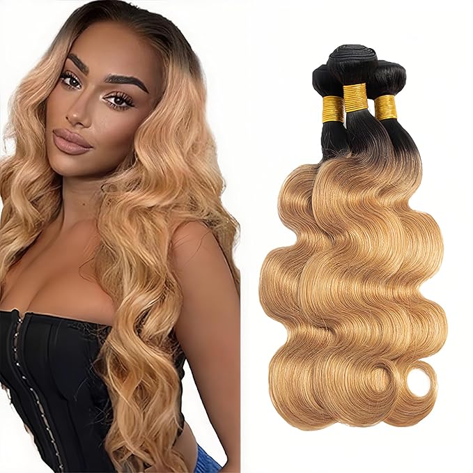 1B/27 Bundles Human Hair Blonde Body Wave Bundle Niegmeag Virgin Remy Hair 3 Bundles 14 16 18 Inch Double Weft 2 Tone Black and Honey Blonde Body Wave Bundle