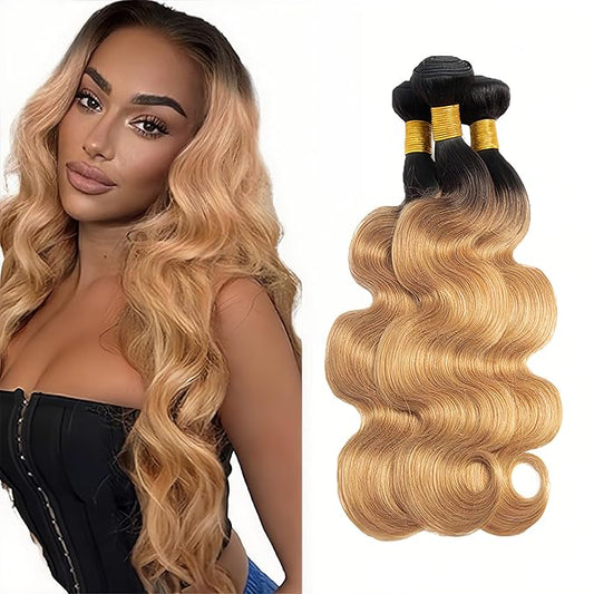 1B/27 Bundles Human Hair Blonde Body Wave Bundle Niegmeag Virgin Remy Hair 3 Bundles 14 16 18 Inch Double Weft 2 Tone Black and Honey Blonde Body Wave Bundle