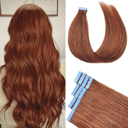 Auburn Mini Tape in Hair Extensions Human Hair Invisible Long 24 Inch Human Hair Tape in Extensions Silky Straight Remy Hair for Women