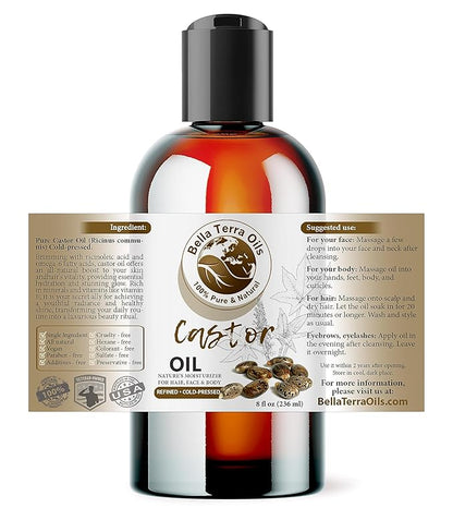 Bella Terra Oils - Organic Castor Oil 8oz - The Essence of Natural Organic Castor Nourishment, Enriched with Vitamins & Essential Minerals, Skin's Best Friend
