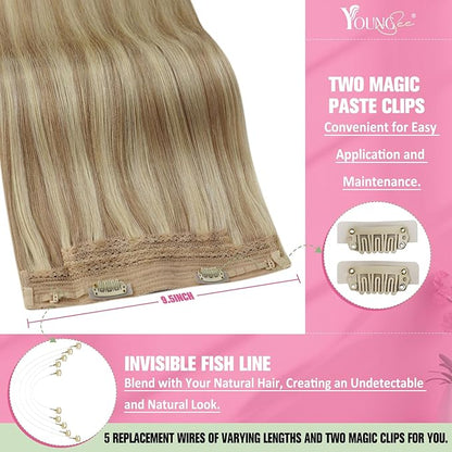 YoungSee Invisible Wire Human Hair Extensions Blonde Highlight Thick Wire Hair Extensions Real Human Hair Dark Ash Blonde Highlights Golden Blonde Hair Wire Extensions for Women 14In 80G