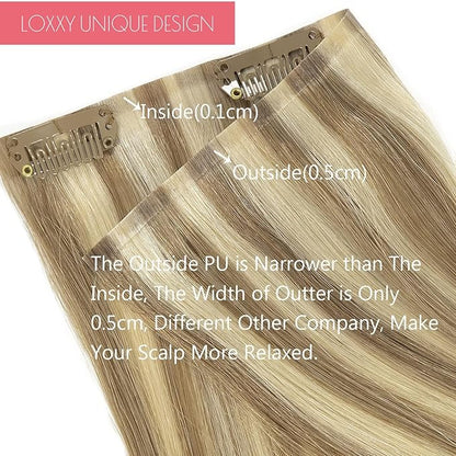 Loxxy Real Hair Extensions Clip in Human Hair 16Inch 130G Light Brown Mixed With Platinum Blonde Invisible Seamless Clip in Hair Extensions Remy Human Hair 7Pcs Silky Straight For Women