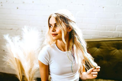 21 Rainbow Tie Dye Color Hair Extensions – 9”–14” Long – DIY Rooster Kit with 20 Micro-Link Beads – 100% Real Feathers – Eye-Catching Boho Style