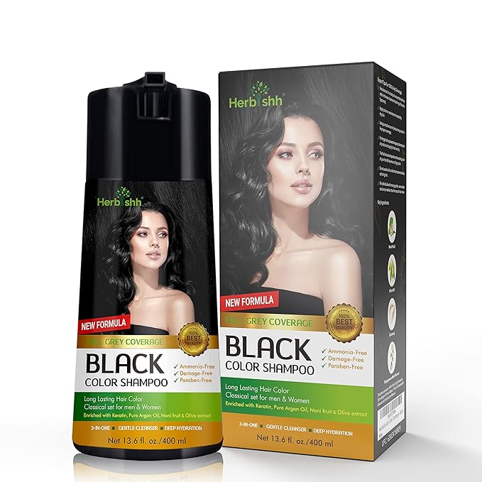 Herbishh Hair Color Shampoo for Gray Hair - Enriched Formula with Keratin & Tuber Fleece Flower - Full Grey Coverage, Easy to Use, Long lasting, Instant - Black (400ml)