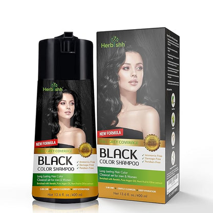Herbishh Hair Color Shampoo for Gray Hair - Enriched Formula with Keratin & Tuber Fleece Flower - Full Grey Coverage, Easy to Use, Long lasting, Instant - Black (400ml)