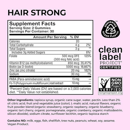 HUM Hair Strong Daily Hair Growth Gummies with Biotin, Zinc, Vitamin B12 to Support Growth, Folic Acid & Vitamin B12 Gummy Vitamins for Healthy Hair Support for Women and Men, 60 Gummies