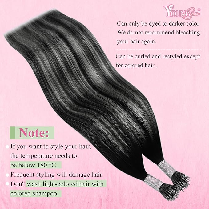 YoungSee Nano Loop Hair Extensions Black Ombre Nano Hair Extensions Real Hair Ombre Black to Silver Nano Bead Hair Extensions Human Hair Silver Human Hair Nano Ring Extensions Black 1g/s 50g 20inch
