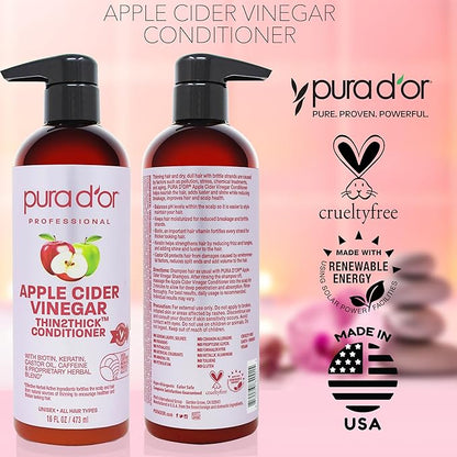 PURA D'OR 16 Oz Apple Cider Vinegar Thin2Thick Conditioner - Biotin, Keratin, Caffeine, Castor Oil & Key Active Ingredients for All Hair Types, Men & Women