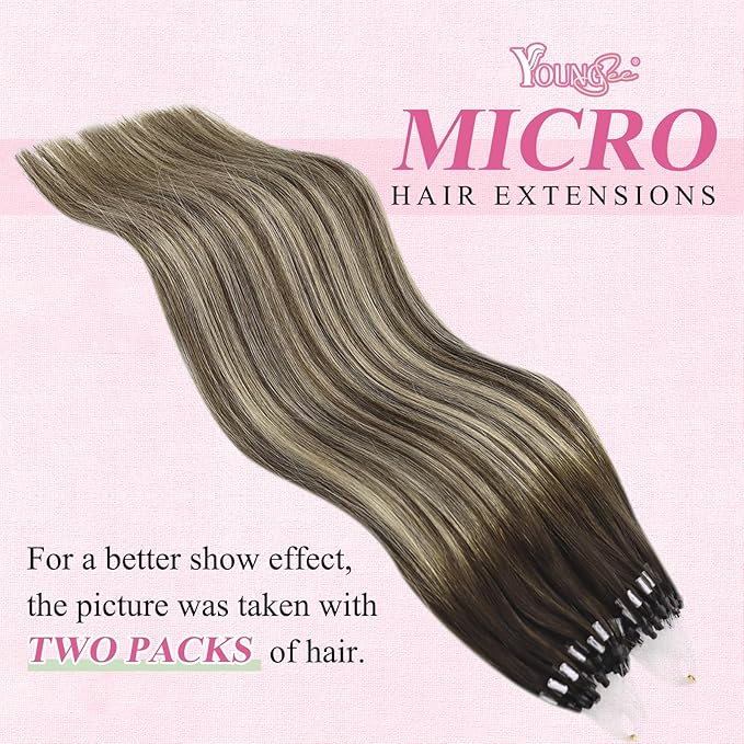 YoungSee Microlink Hair Extensions Human Hair Balayage Microloop Hair Extensions Human Hair Dark Brown Roots Ombre Blonde Bead Hair 18In 50g 50s Remy Extensions for Thin Hair