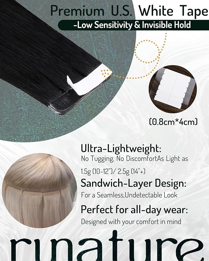 RUNATURE Tape in Hair Extensions Human Hair Black, 18 Inch Long Black Tape in Extensions Human Hair, Straight Remy Hair Extensions Tape ins Full Ends Natural Silky 50g 20pcs