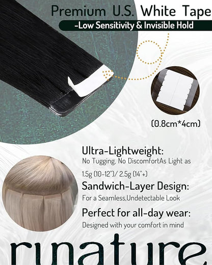 RUNATURE Tape in Hair Extensions Human Hair Black, 18 Inch Long Black Tape in Extensions Human Hair, Straight Remy Hair Extensions Tape ins Full Ends Natural Silky 50g 20pcs