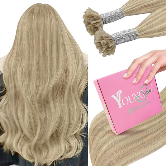 YoungSee U Tip Highlight Hair Extensions Highlight Ash Blonde with Bleach Blonde U Tip Hair Extensions Real Human Hair Highlight Utips Hair Extensions Blonde Hot Fusion Hair Highlight 16In 1G/S 50G
