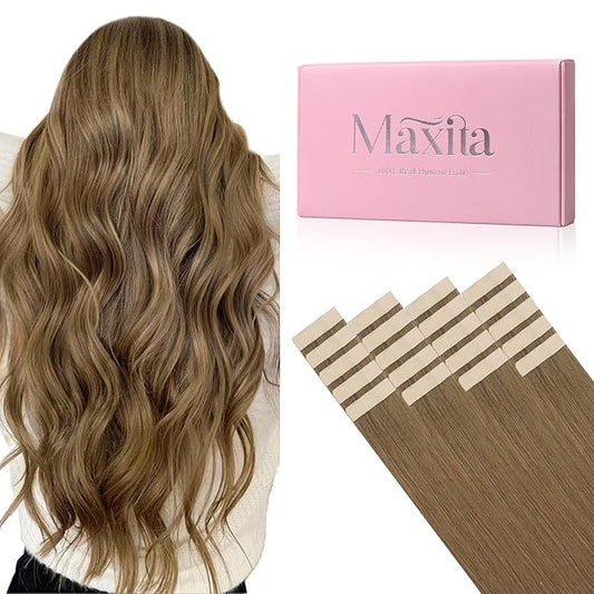 MAXITA Tape in Hair Extensions Human Hair 20 inch 50g 20pcs Light Chestnut Brown Real Human Hair Extensions 100% Remy Seamless Straight Hair Extensions for Women
