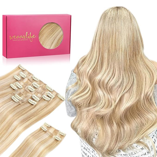 WENNALIFE Hair Extensions Clip In, 9pcs 24inch 150g Dirty Blonde Highlighted Bleach Blonde Thicker Clip In Hair Extensions Real Human Hair Remy hair extension Double Weft Clip in Human Hair Extensions