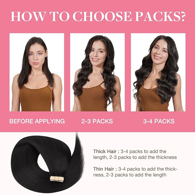 GOO GOO Tape in Hair Extensions Human Hair, 1 Jet Black, 14inch 20pcs 50g, Silky Straight, Thick Ends, Natural-Looking, Double-Sided Tape in