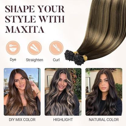MAXITA U Tip Hair Extensions Human Hair, Balayage Chocolate Brown to Caramel Blonde Virgin Human Hair Extensions Real Human Hair, 50g/50 Strands/Pack, 16 In