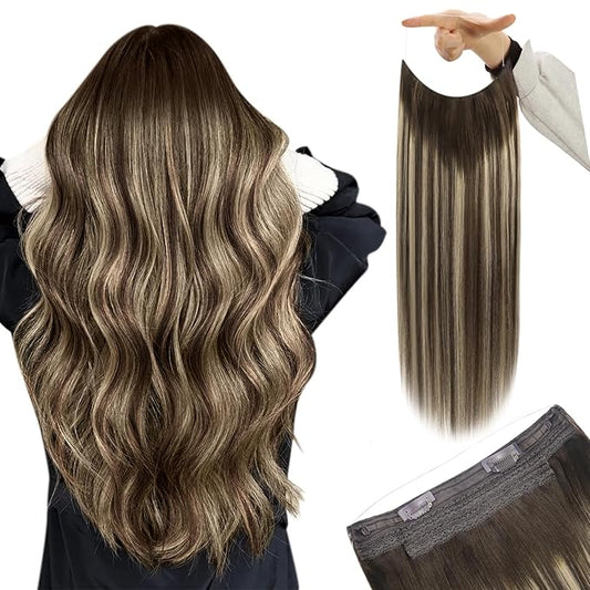 Youngsee Wire Hair Extensions Brown Balayage Wire Real Hair Extensions Ombre Dark Brown with Ash Blonde Invisible Wire Hair Extension Real Human Hair Short Human Hair Extensions for Women 12Inch 70G