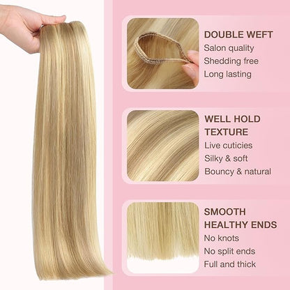 GOO GOO Sew in Hair Extensions Real Human Hair, Weft Hair Extensions Human Hair, 16/22 Light Blonde Highlighted Golden Blonde 18inch 100g, Weft Bundles Straight Silky Remy Hair