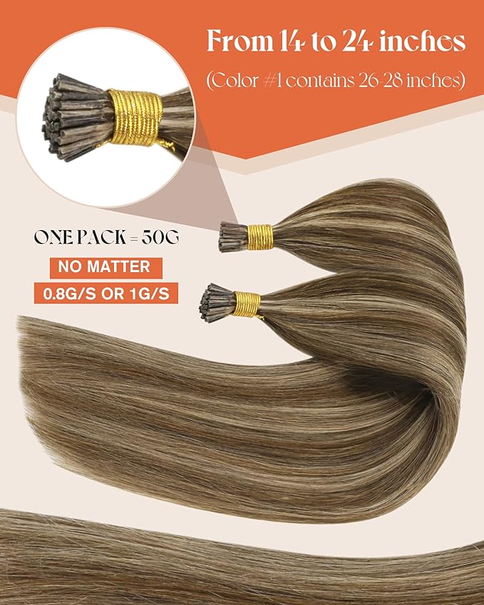 Sunny Hair I Tip Hair Extensions Human Hair 22inch Cold Fusion Dark Brown Highlight Caramel Blonde Itip Human Hair Extensions for Wedding Pre Bonded Create Beauty 50g