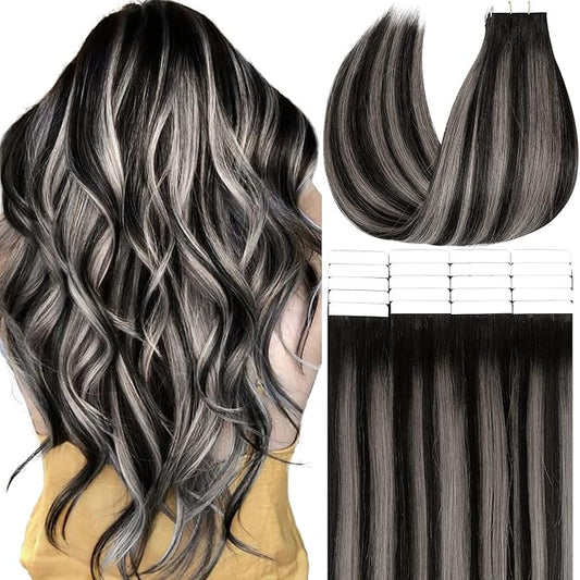 Anrosa Tape in Hair Extensions Human Hair Remy Real Human Hair Extensions Tape in Silky Natural Hair Extensions Human Hair 16 Inch Natural Black to Silver Grey with Natural Black Rooted 50G 20PCS