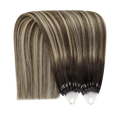 YoungSee Microlink Hair Extensions Human Hair Balayage Microloop Hair Extensions Human Hair Dark Brown Roots Ombre Blonde Bead Hair 18In 50g 50s Remy Extensions for Thin Hair