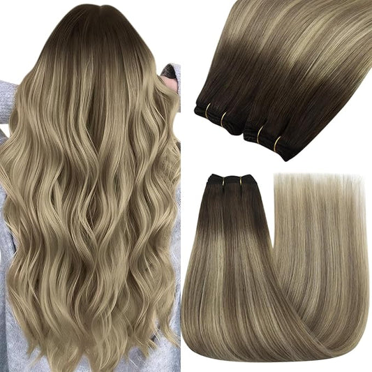 YoungSee Weft Human Hair Extensions Ombre Sew in Extensions Dark Brown Light Brown with Blonde Double Weft Real Hair Extensions 22Inch 100G