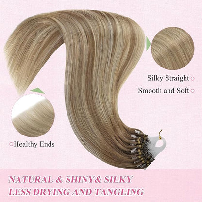 YoungSee Micro Link Hair Extensions Human Hair Ombre Microloop Hair Extensions Human Hair Balayage Light Brown with Blonde Bead Hair Extensions Real Human Hair for Long Hair 24 Inch 50s 50g