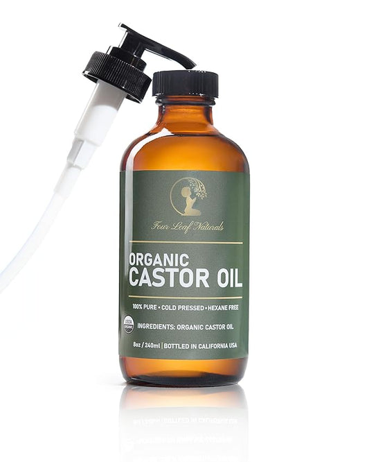 Four Leaf Naturals Organic Unrefined Castor Oil - 8 oz | USDA Certified | Cold-Pressed | Hexane-Free | For Hair, Skin & Digestion