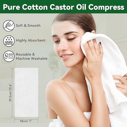 16.9 oz Castor Oil Organic Cold Pressed Unrefined Glass Bottle | 4 Pcs Castor Oil Pack Wrap Organic Cotton Reusable, Caster Oils Kit for Face, Hair, Eyelashes, Waist, Knee, Body