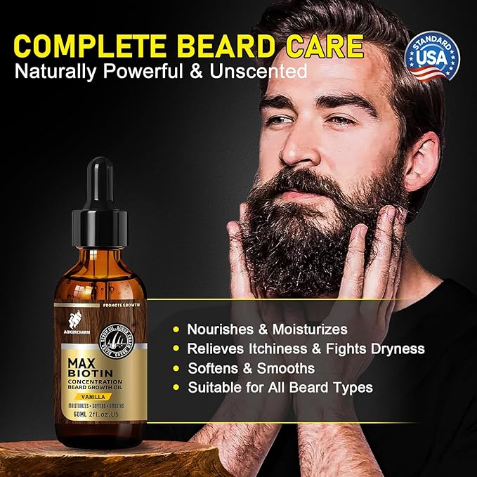 Biotin Beard Oil for Men – Vanilla Scented Growth & Softening Oil with Castor, Vitamin B5 & Grape Seed – Leave-In Beard Conditioner for Coarse or Patchy Beards – Gift for Him – 2 oz