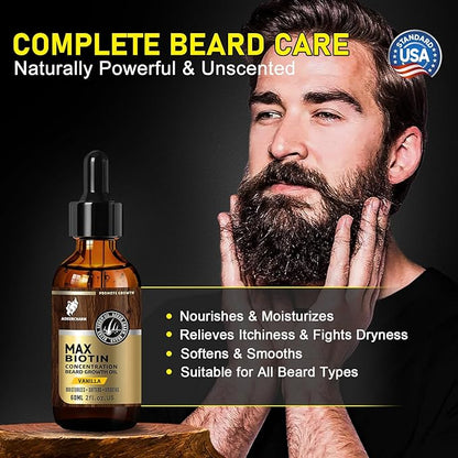 Biotin Beard Oil for Men – Vanilla Scented Growth & Softening Oil with Castor, Vitamin B5 & Grape Seed – Leave-In Beard Conditioner for Coarse or Patchy Beards – Gift for Him – 2 oz