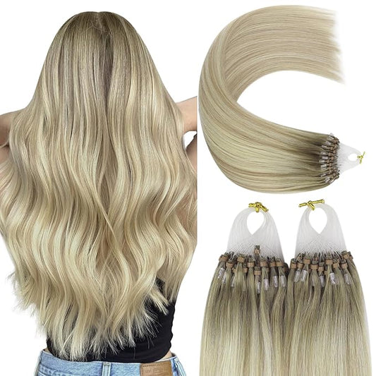 YoungSee Micro Loop Hair Extensions Real Human Hair Blonde Bead Hair Extensions Human Hair Ash Blonde Ombre Platinum Blonde Microbead Human Hair Extensions Balayage Add Hair Length 22In 50s/50g