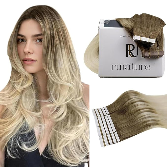 RUNATURE Blonde Tape in Hair Extensions Human Hair Tape in Extensions, Ombre Tape ins Human Hair Extensions, Soft Natural Remy Hair, Seamless Double Sided Tape on Extensions 16 Inch 50g 20pcs
