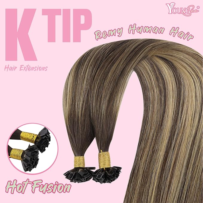 YoungSee Ktip Human Hair Extensions Balayage Brown with Caramel Blonde K Tip Hair Extensions Remy Hair Balayage K Tip Hair Extensions Ombrebrown 18In K Tips Hair Extensions Real Human Hair 50S/50G