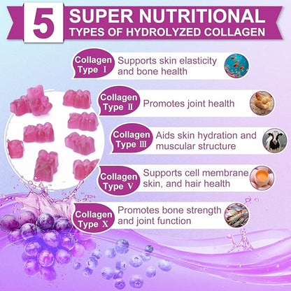 Nature's live Multi Collagen Peptides Gummies, Type I, II, III, V, X - Hydrolyzed Collagen Peptides Gummies, Supports Healthy Skin, Strong Nails & Thick Hair, Grape Blueberry Flavor, 60 Count