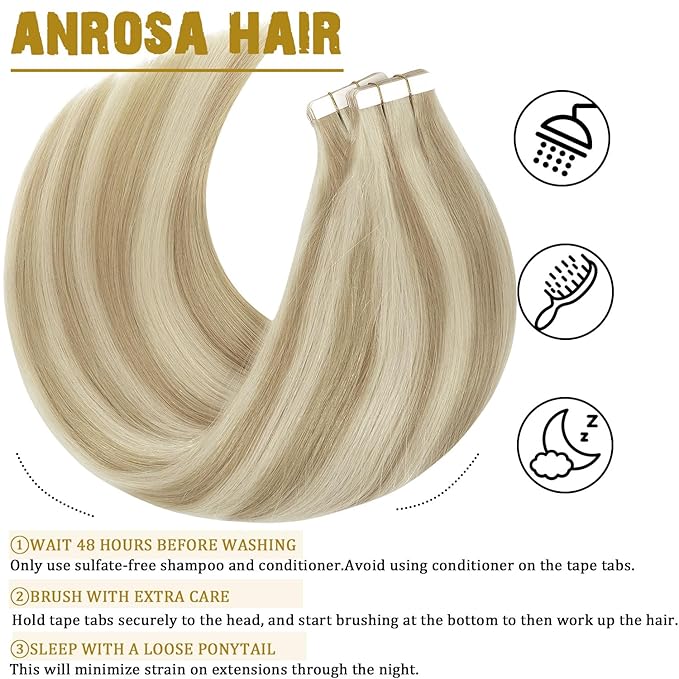 Anrosa 22 Inch Tape in Hair Extensions Human Hair Silky Blonde Human Hair Extensions Double Sided Tape Extensions Human Hair Semless Ash Blonde Highlighted Bleach Blonde 50g/20pcs