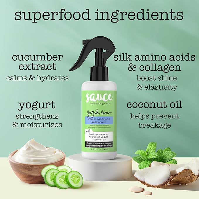 SAUCE BEAUTY Leave In Conditioner & Detangler Spray (8 Fl Oz) Tzatziki Leave In Conditioner for Curly, Oily & Damaged Hair, Fly Away Hair Tamer, Curl Enhancer, Detangling Spray with Coconut Oil