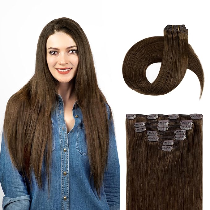 Clip in Hair Extensions Real Human Hair, 100% Remy Chocolate Brown Hair Extensions for Long Hair, Tangle-free&Shedding-free, #4 22Inch 120G 7PCS