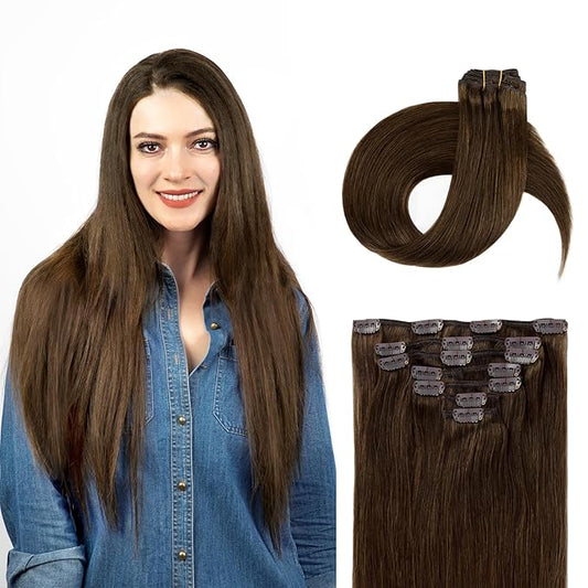 Clip in Hair Extensions Real Human Hair, 100% Remy Chocolate Brown Hair Extensions for Long Hair, Tangle-free&Shedding-free, #4 22Inch 120G 7PCS