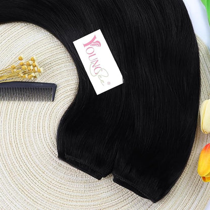 YoungSee Wire Hair Extensions Jet Black Hair Extensions Wire Natural Black Wire Hair Extensions Real Human Hair Invisible Fish Line Hair Extensions Short Human Hair Extensions 12Inch 70g