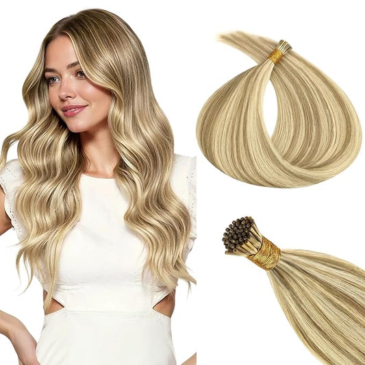 MAXITA I Tip Hair Extensions Human Hair,50g/100s Light Blonde Highlighted Golden Blonde 16 Inch Comfortable Wear, Invisible & Natural Cold Fusion, 100% Remy Human Hair Itip Keratin Hair Extensions