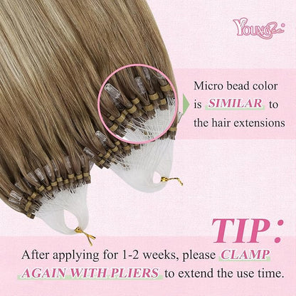 YoungSee Micro Link Hair Extensions Human Hair Ombre Microloop Hair Extensions Human Hair Balayage Light Brown with Blonde Bead Hair Extensions Real Human Hair for Long Hair 24 Inch 50s 50g