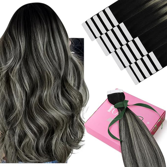 YoungSee Tape in Hair Extensions Human Hair Ombre Seamless Tape in Hair Extensions Human Hair Black Ombre Silver with Black Roots Human Hair Tape ins Reusable 18In 50g 20pcs
