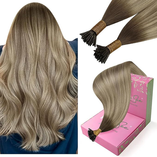 YoungSee I Tips Hair Extensions Ombre Itips Hair Extensions Human Hair Ombre Dark Brown to Light Brown with Blonde Tip Extensions Balayage 20In Keratin Hair Extensions Volume-Adding 50s 50g