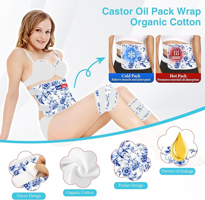12 Pcs Castor Oil Pack Wrap, Reusable Castor Oil Pack Kit Organic Cotton for Shoulder Hands Neck Waist Chest Knees and Feet, Adjustable Compress Pads for Entire Body, Machine Washable Anti Oil Leak