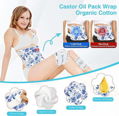 12 Pcs Castor Oil Pack Wrap, Reusable Castor Oil Pack Kit Organic Cotton for Shoulder Hands Neck Waist Chest Knees and Feet, Adjustable Compress Pads for Entire Body, Machine Washable Anti Oil Leak