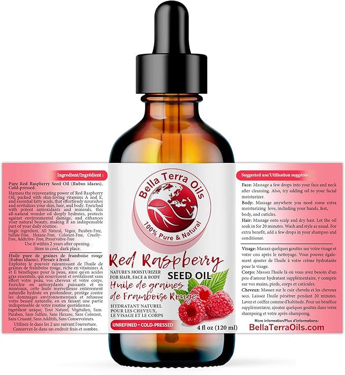 Bella Terra Oils - Red Raspberry Seed Oil 4oz - Pure Cold-Pressed Alchemy, Abundant in Ellagic Acid & Omega Fatty Acids, Nature's Gift for Beautiful Skin