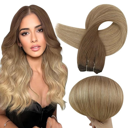 Full Shine Weft Hair Extensions Human Hair Weft Extensions Remy Straight Hair Sew In Hair Extensions Balayage Golden Brown To Dirty Blonde Straight Human Hair Bundles For Women 22 Inch 105G