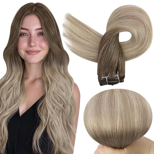Full Shine Weft Hair Extensions Huam Hair Ombre Sew In Hair Extensions Real Human Hair Sew In Human Hair Bundles Balayage Brown To Ash Blonde Mix Platinum Blonde Weft Extensions 12 Inch 80G