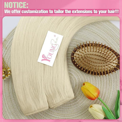 YoungSee Wire Hair Extensions Blonde Invisible Wire Hair Extensions Real Human Hair Platinum Blonde Wire Hair Extensions with Transparent Line Can Be Ironed And Dyed for Women 12In 70G